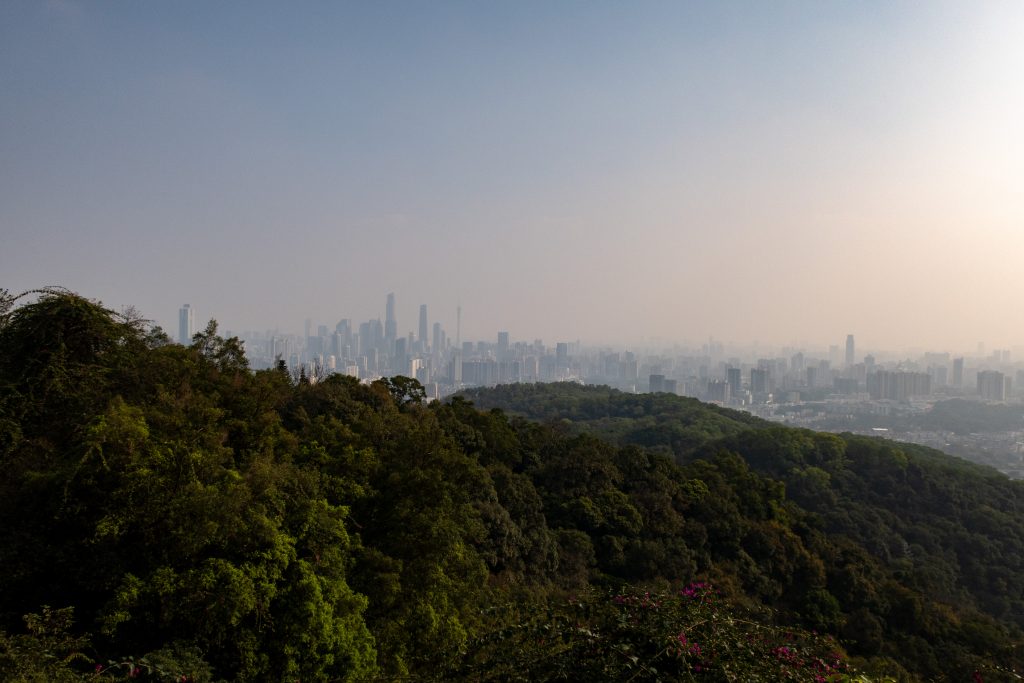 View of the Guangzhou skyline from Baiyun Mountain Park. 