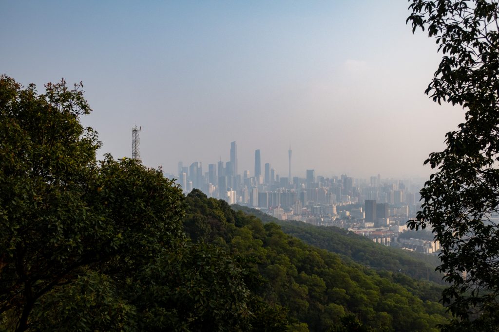 View of the Guangzhou skyline from Baiyun Mountain Park. 