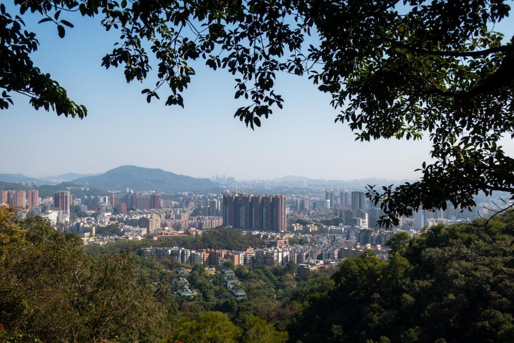 View of the Guangzhou skyline from Baiyun Mountain Park. 
