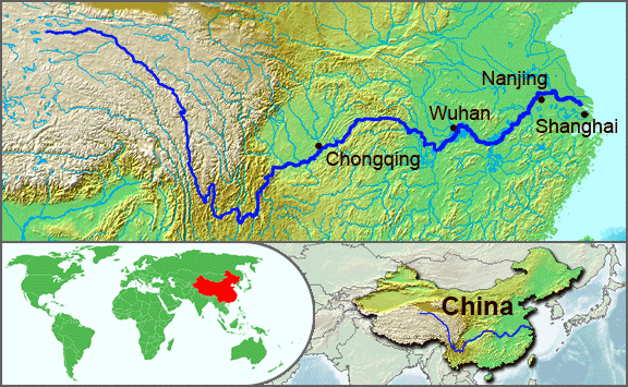Map of the Yangtze River in China, which forms the border of the district heating network. 