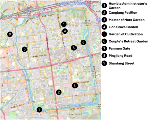 Karte der historischen Altstadt von Suzhou mit markierten Sehenswürdigkeiten