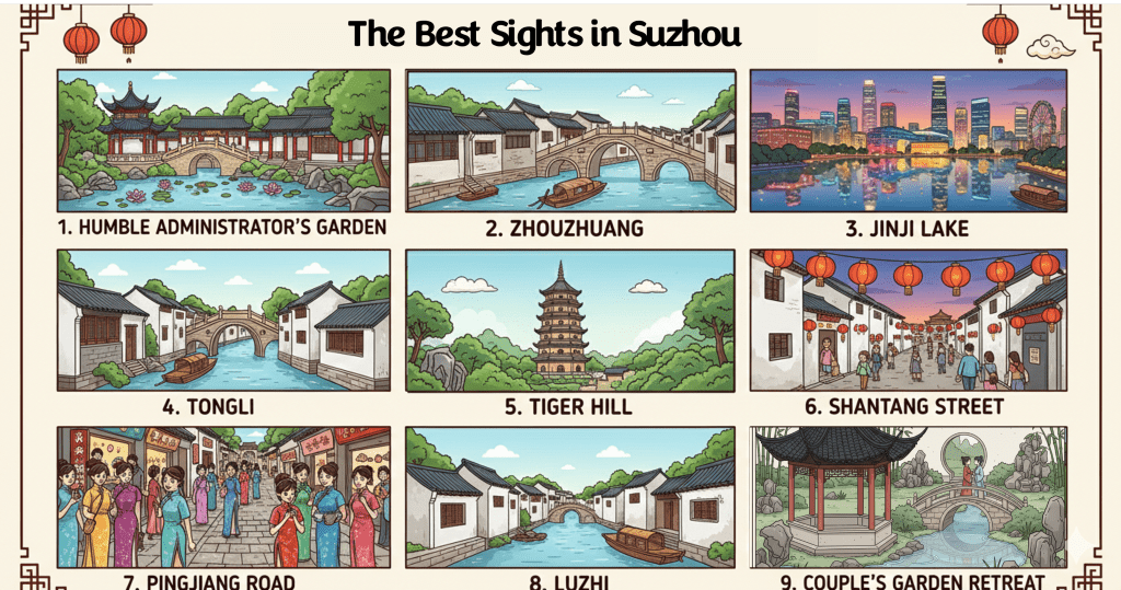 Collage zur Übersicht der besten Sehenswürdigkeiten in Suzhou als Unterstützung bei der Planung.