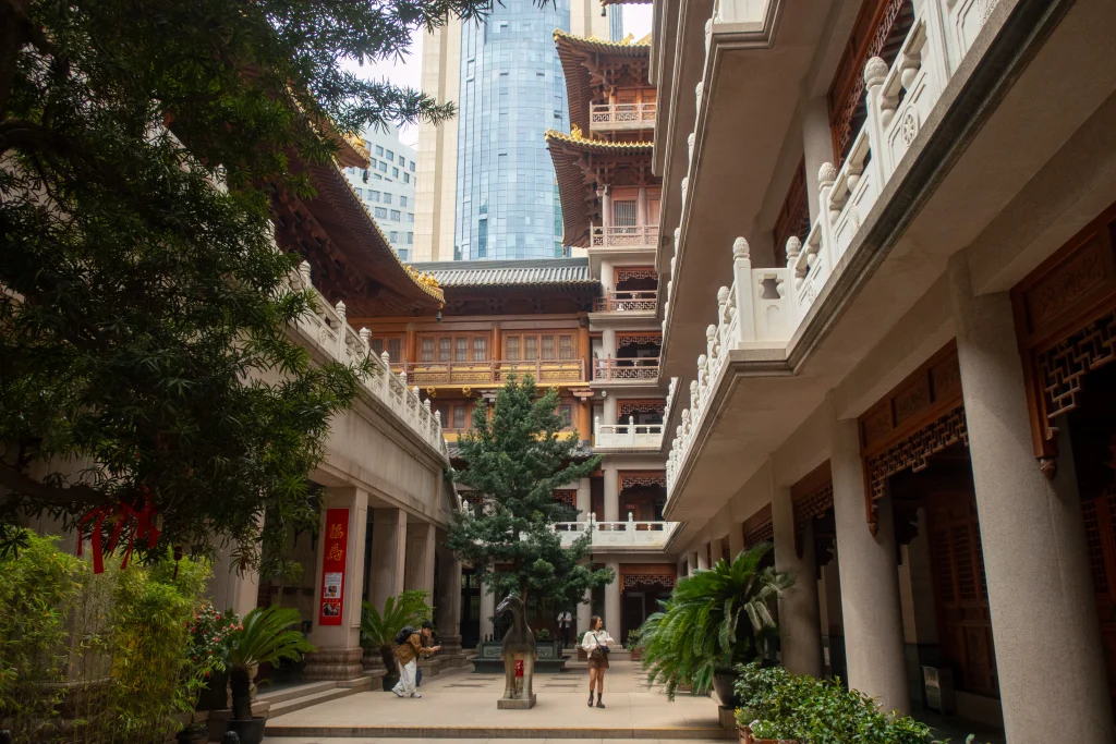 A quiet courtyard with the monks' living quarters at the Buddhist Jing'an Temple in Shanghai. 