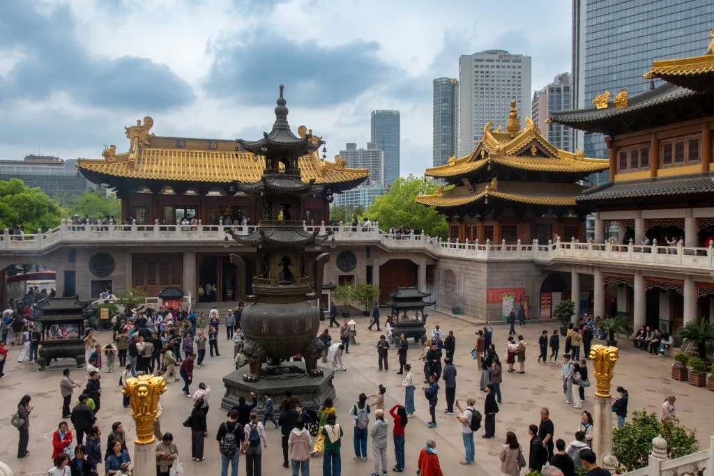 The courtyard of the Buddhist Jing'an Temple in Shanghai. 