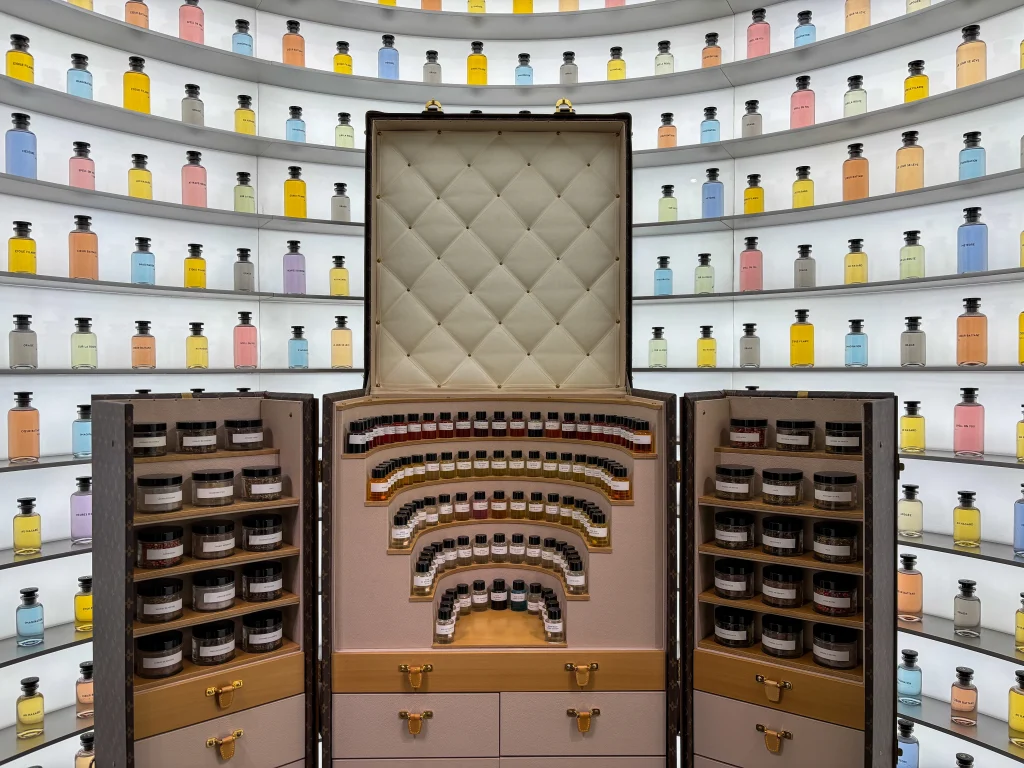 Illuminated perfume bottles at the Louis Vuitton Visionary Journeys exhibition in Shanghai. 