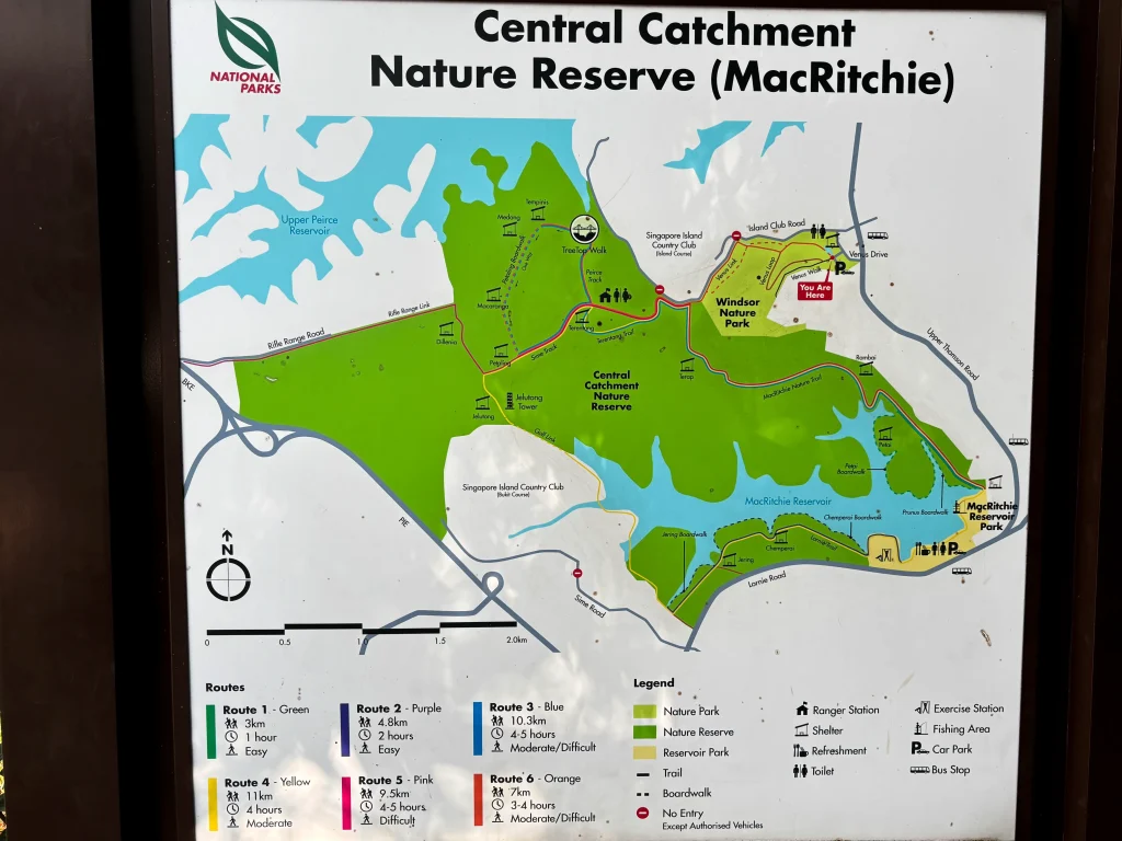 Map of the hiking trails in MacRitchie Nature Reserve in Singapore.