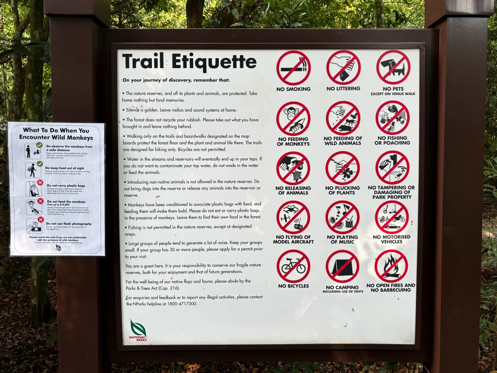 Sign explaining the trail etiquette for hiking in Singapore.