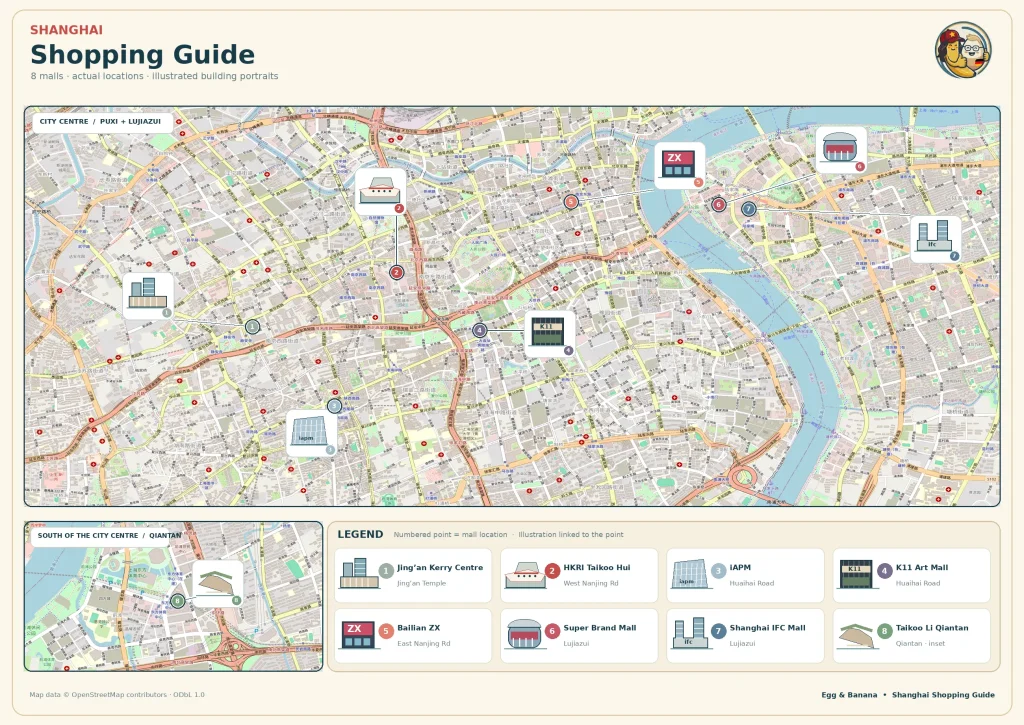 Map showing the locations of well-known shopping malls in Shanghai.