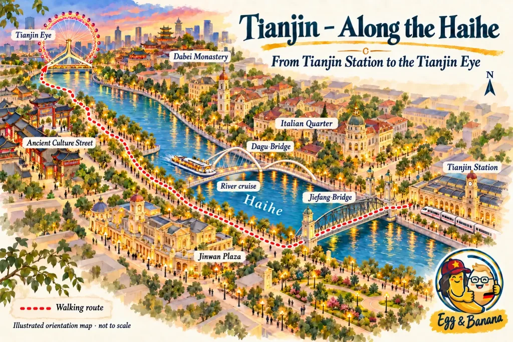 Karte mit den besten Sehenswürdigkeiten am Haihe Fluss in Tianjin. 